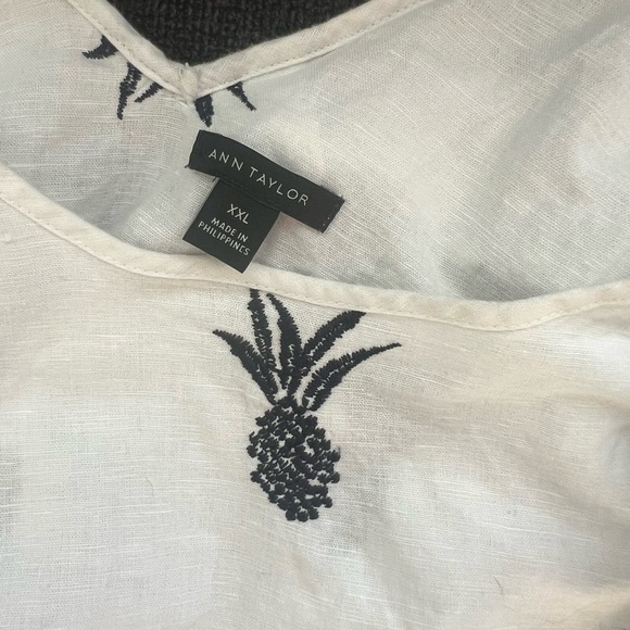 Ann Taylor White Flutter Sleeve Black Embroidered Blouse Linen Blend Size XXL - Picture 5 of 11